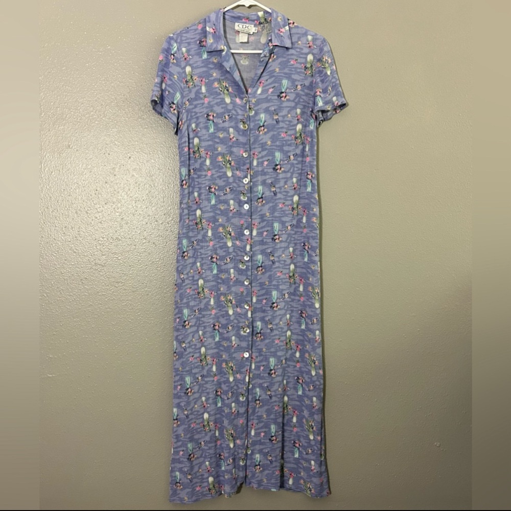 Vintage Caren Desiree Company CDC Button Front Maxi Dress Sz 10 Flower Vases 90s - Picture 1 of 8